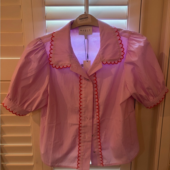 Mable Pink Button Down Blouse with Red Trim Small - Picture 1 of 4